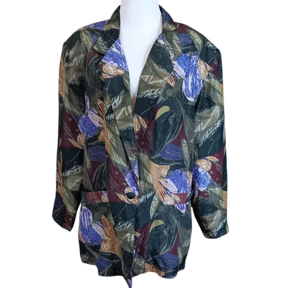 VINTAGE 80s‎ 90s Floral Silk Jacket Blazer M Artsy Tropical Career Office Work
